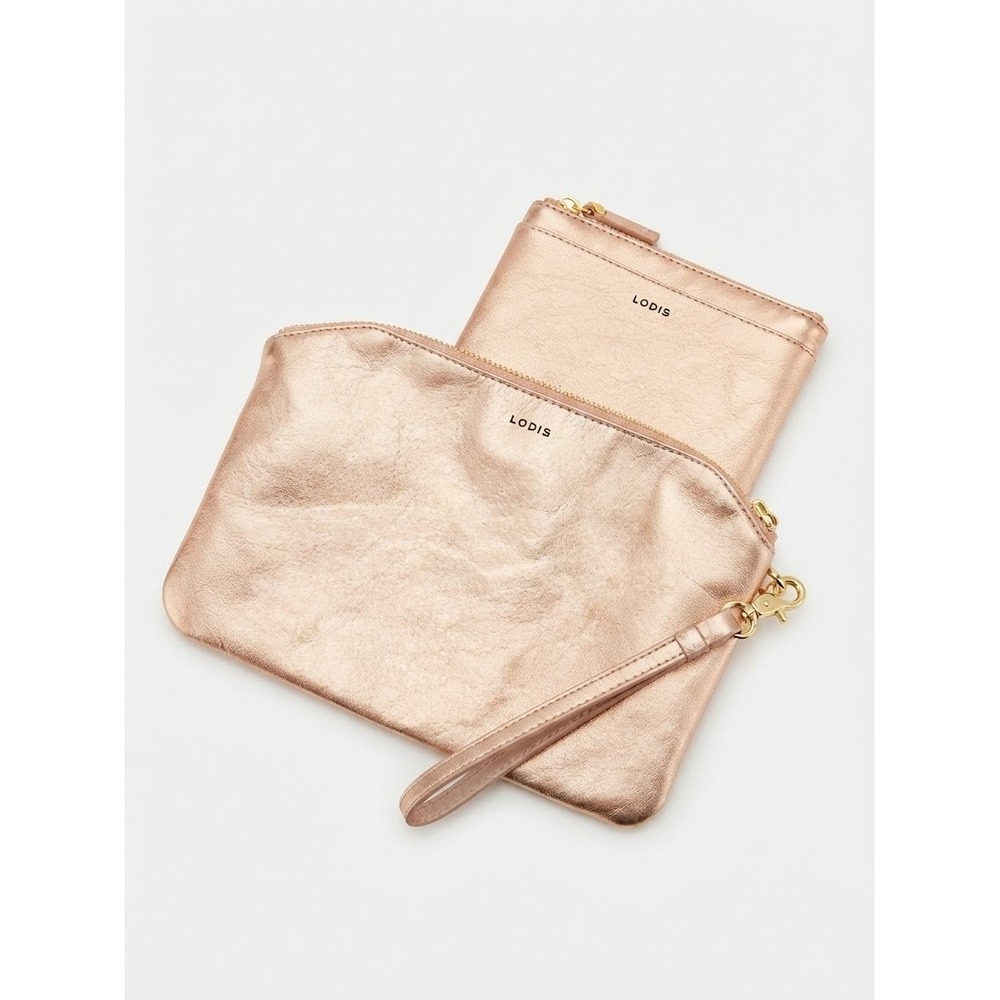 Lodis Women Wristlet OS Rose Gold Leather Metallic Pouch Set RFID Protection